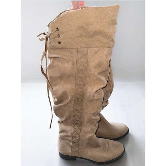Womens Over The Knee Boots 8.5 Tan Suede Lace Back Flat Riding Slouchy Tall Boot - Picture 1 of 14